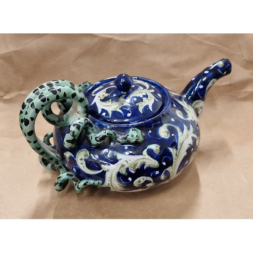 38 - Majolica faience teapot with coiled snake handle - small chip on inside of lid