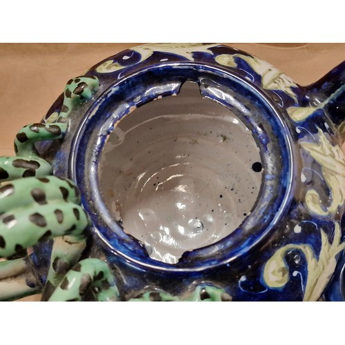 38 - Majolica faience teapot with coiled snake handle - small chip on inside of lid