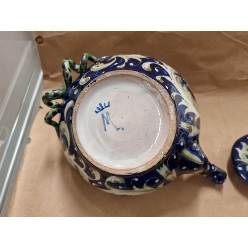 38 - Majolica faience teapot with coiled snake handle - small chip on inside of lid