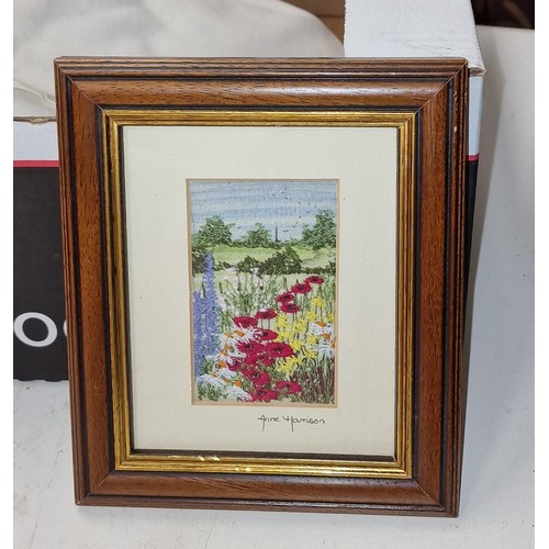 97 - 15 x 17.5 cm framed and mounted Anne Harrison (Leics) hand painted and embroidered landscape scene