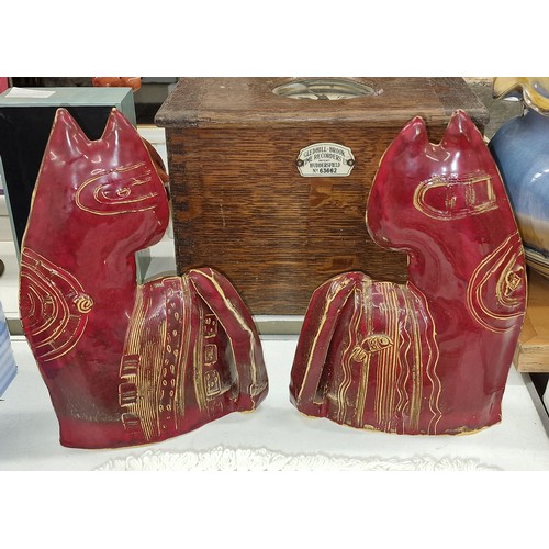 152 - Pair of approximately 29 cm tall vintage clay studio pottery cats, 1 signed but can't distinguish