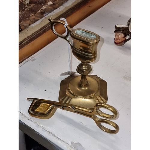 174 - Vintage brass candle snuffer scissors with stand