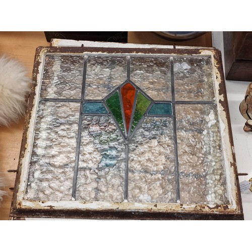 177 - 51 x 46 cm Art Deco stained glass, leaded window panel in original metal frame