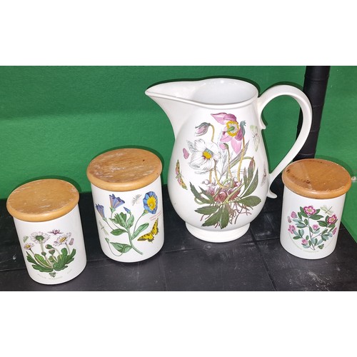 159 - Portmeirion Pottery botanic garden 23 cm tall large jug and 3 x retro kitchen caddies with lids