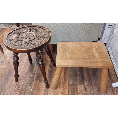 279 - 19th century 4 leg stool with carved seat and other 4 leg milking style stool