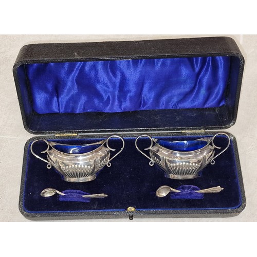 66 - Pair of EPNS Charles Burrows? Scottish open salts and spoons in case