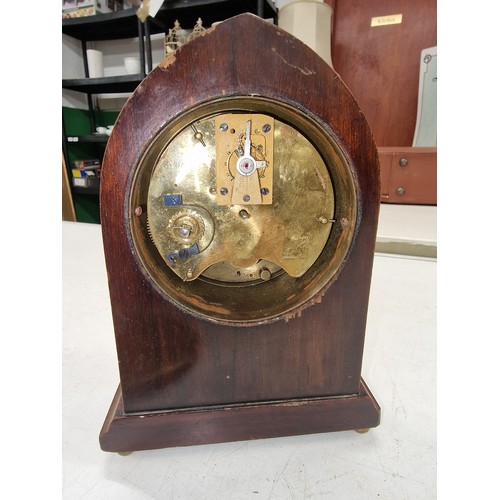 294 - 14 x 7 x 19.5 cm Edwardian inlaid mantle clock offered for repair - winder broken