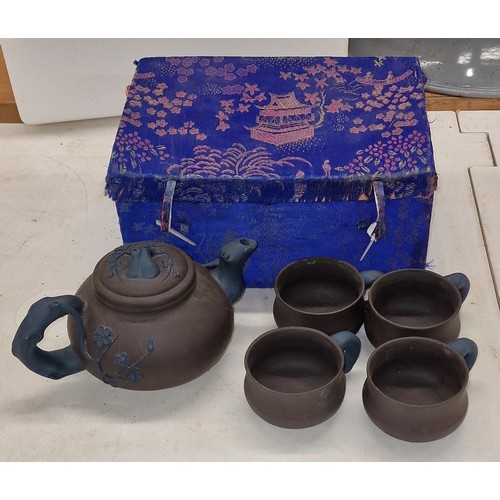 161 - Chinese teapot and 4 cup set in fabric covered case