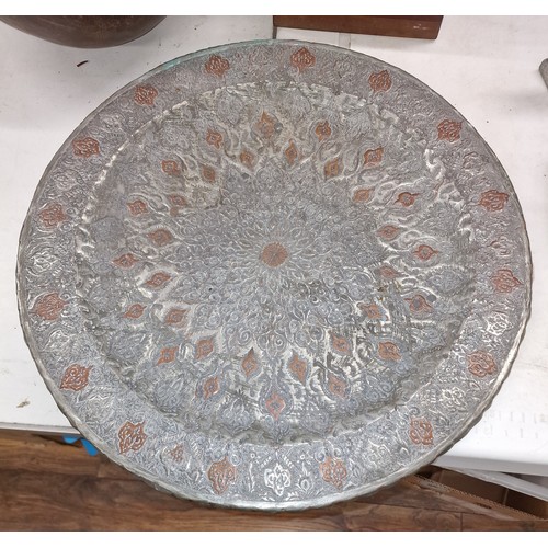 98 - 48 cm diameter Asian engraved copper and plated tray