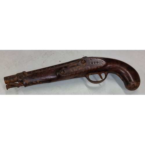 80 - Antique flintlock pistol offered for spare or repair - average condition with hammer missing