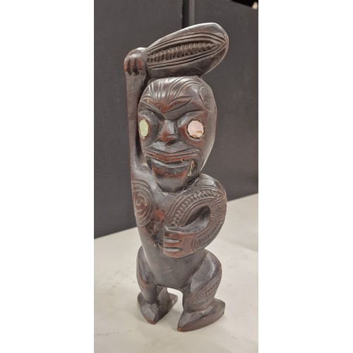 327 - 24.5 cm old carved Māori tribal figure holding club with MOP eyes