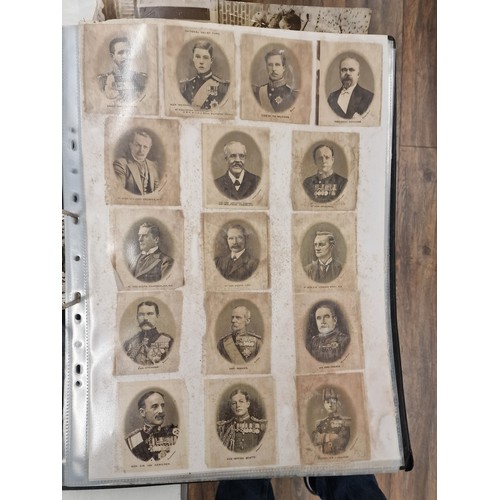 15 - Interesting A3 size folder with old military photographs, documents, silk cigarette cards, 1880's me... 