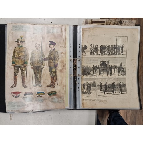 15 - Interesting A3 size folder with old military photographs, documents, silk cigarette cards, 1880's me... 