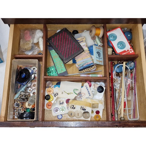 175 - 37 x 32 x 28 cm old single drawer and hinged lid sewing box with good bundle of assorted patterns an... 