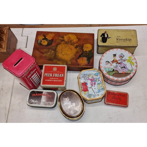 157 - Small collection of mostly vintage tins and cigar box, including old Quality Street and tobacco etc