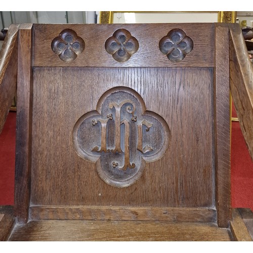 281 - 19th century Gothic revival oak Glastonbury chair with initialled back