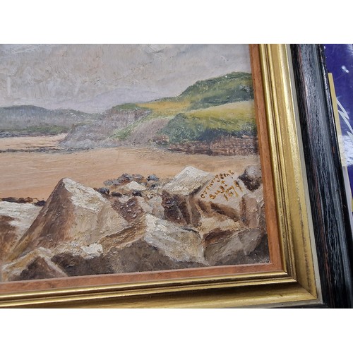 94 - 35 x 18.5 cm framed late 19th century oil painting on board titled Red Wharf Bay from Wern by Charle... 