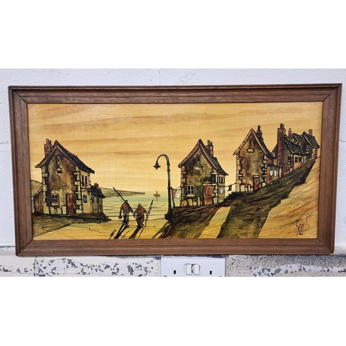 138 - 70 x 37 cm framed painting on board depicting 2 x beach anglers walking towards beach in small fishi... 