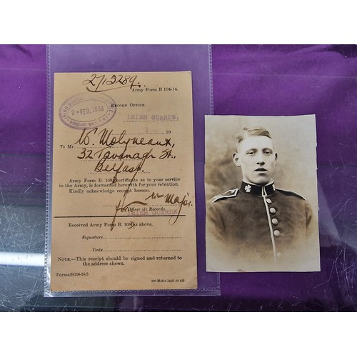 48 - 1933 Record Office Irish Guards card and photograph of the same soldier