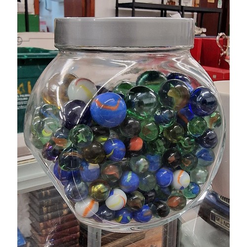 366 - Storage jar with assorted size and style glass marbles