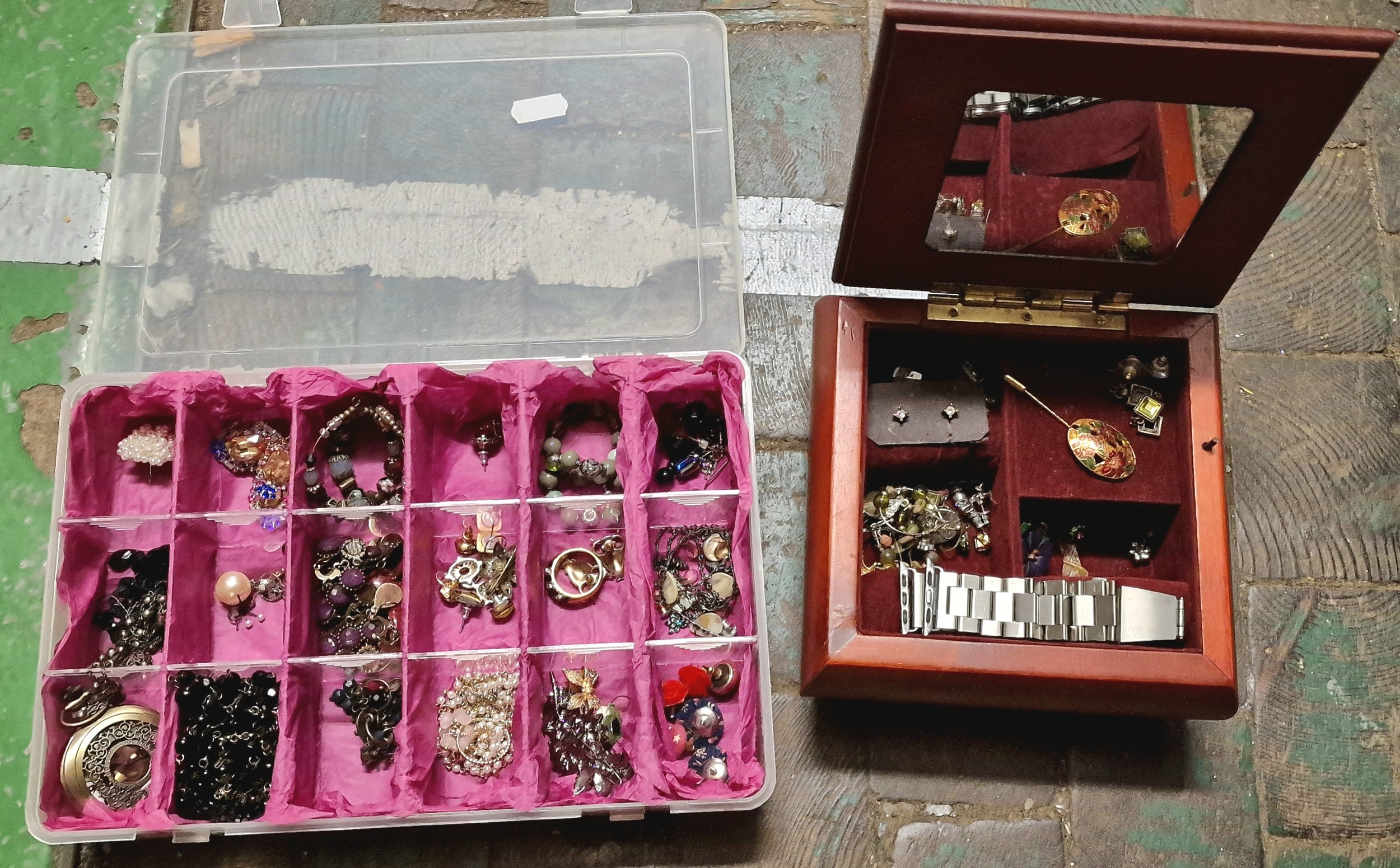 Sectioned plastic storage case and non-working musical jewellery box ...