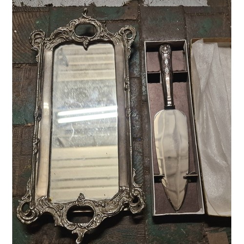 7 - 34.5 x 16.5 cm ornate white metal mirrored tray and boxed cake slice