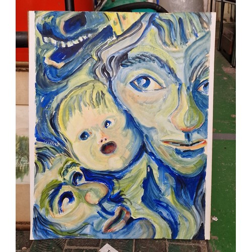 27 - 41 x 51 cm unframed abstract style faces painting on paper (in the style of Munch) – no visible ID