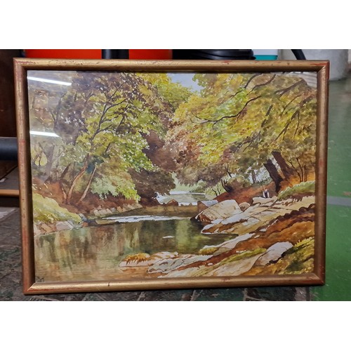 30 - Vintage 18 x 13.5” framed water colour amateur art woodland scene with fisherman painting, initialle... 