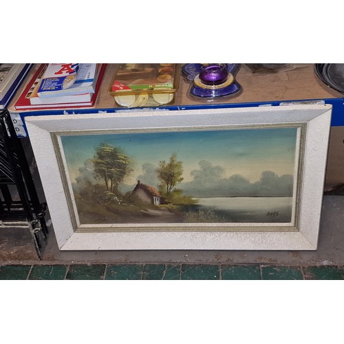 94 - 28 x 16” framed vintage painting on canvas cottage by lake scene signed Boes/Bols