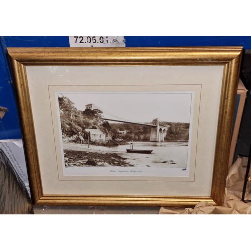 103 - 16 x 13” framed and mounted Frith Collection photograph print of Menai suspension bridge taken in 18... 