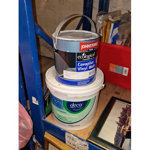 105 - Near full 5 litre brilliant white exterior masonry paint and 2.5 litre Johnstones delicate mocha cov... 