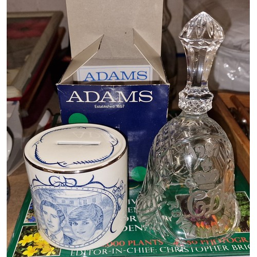 116 - Boxed and mint Adams 1981 royal wedding commemorative money box and 1981 unboxed crystal bell