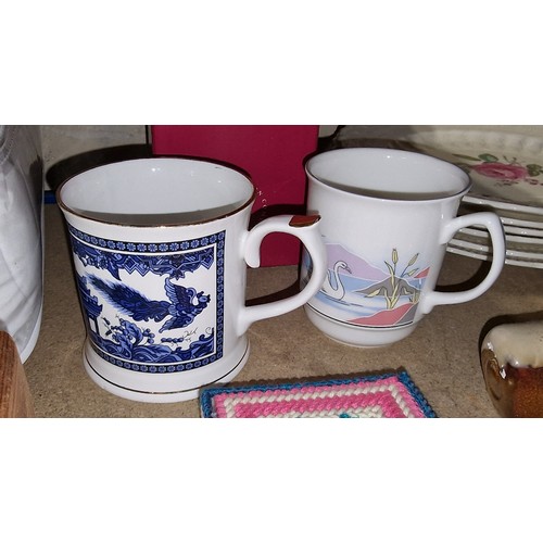 135 - Bridge Valley blue and white Oriental scene mug and other Royal Grafton fine bone china mug