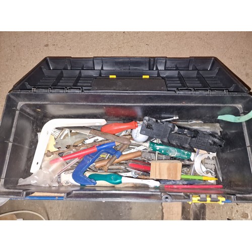 145 - 145. Torq 18” hard plastic tool box and contents - 1 catch missing