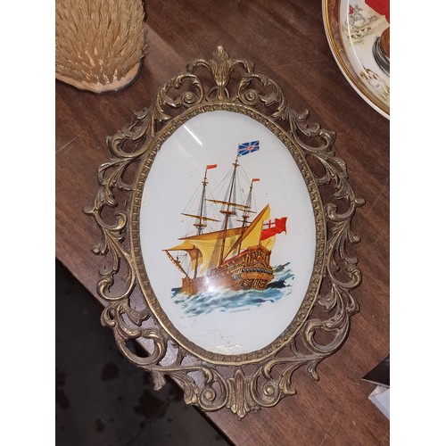 180 - 18 x 24.5 cm ornate metal framed continental picture print of an old English galleon