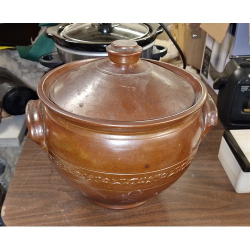 188 - 10” diameter and 9” tall large salt glazed casserole pot and model SC-15 small electric slow cooker