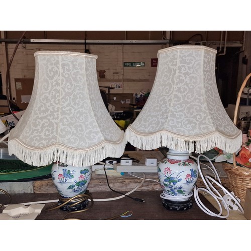 210 - Pair of 49 cm tall (including shade), Japanese influenced painted ceramic lamps with shades, were wi... 