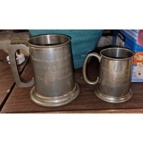 222 - His and Hers English pewter ‘spy’ tankards with engraved message on each