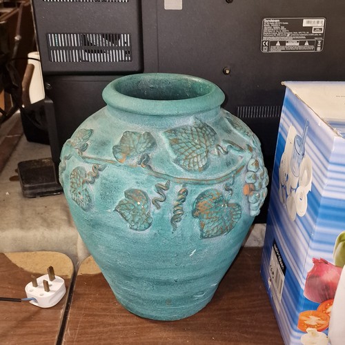 224 - 12” painted terracotta pot with raised vines and grapes detailing