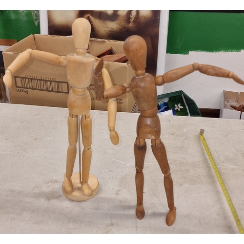 33 - 2 x wooden artists mannequin models, 1 on stand