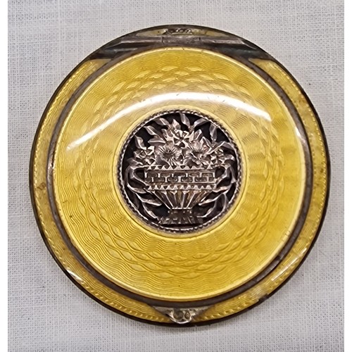 526 - MORE PICTURES ADDED
5.5 cm diameter small Austrian sterling silver guilloche yellow enamel compact. ... 