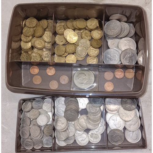 65 - Sectioned plastic tub and tray containing assorted QEII pre decimal coinage and Churchill commemorat... 