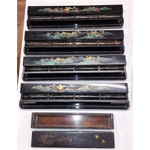 41 - 31 x 6 x 5.5 cm Oriental lacquered brush box and set of 4 x cantilever Mah-Jong racks