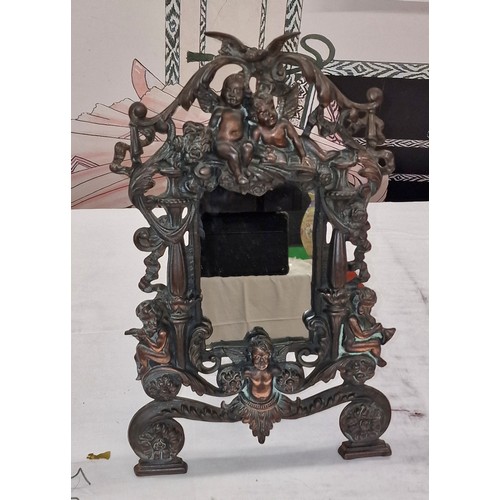 92 - 23 cm wide and 37 cm tall ornate bronze metal cherubs decorated freestanding frame, for mirror or ph... 