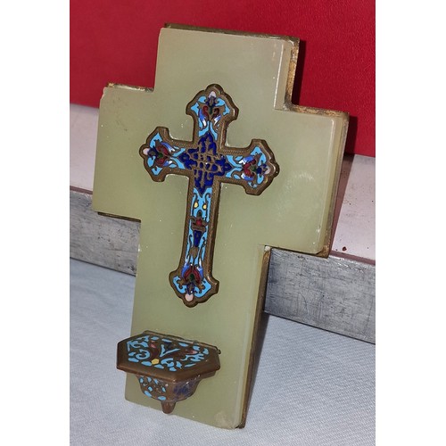 434 - 12.5 x 8 cm French? holy water font, cloisonne cross and water bowl, mounted onto onyx