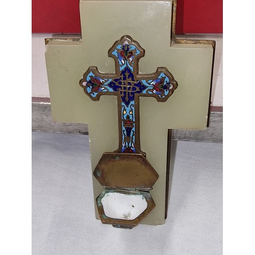 434 - 12.5 x 8 cm French? holy water font, cloisonne cross and water bowl, mounted onto onyx