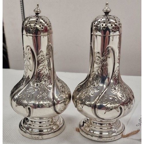 329 - Pair of Elkington & Co salt and peppers with ornate detailing and 33rd regiment Allahabad motif