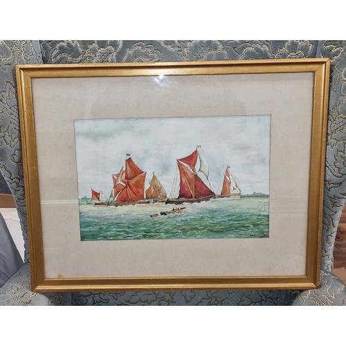 486 - 54.5 x 42.5 cm framed and mounted sailing boat painting - initialled HAN