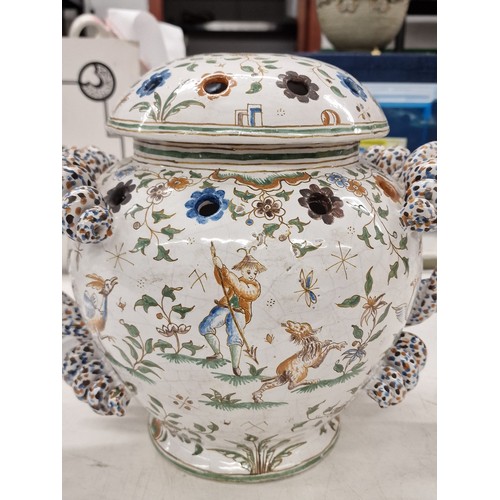 422 - 28.5 cm tall and 44.5 cm wide 18th century Moustiers Faience potpourri urn with lid - small bit of e... 