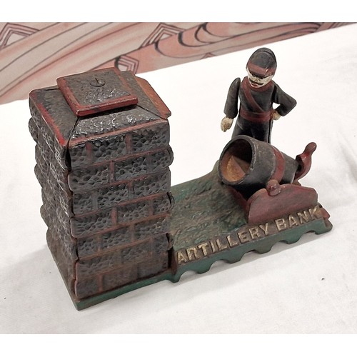 127 - Turn of the century genuine cast Artillery Bank, cannon firing coin bank in working order